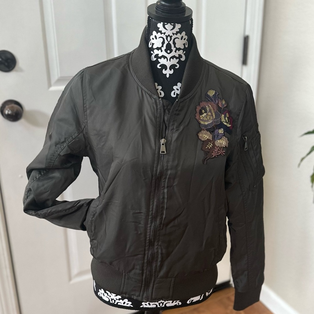 Max Edition Satin Olive Green Bomber Jacket with pretty embroidery